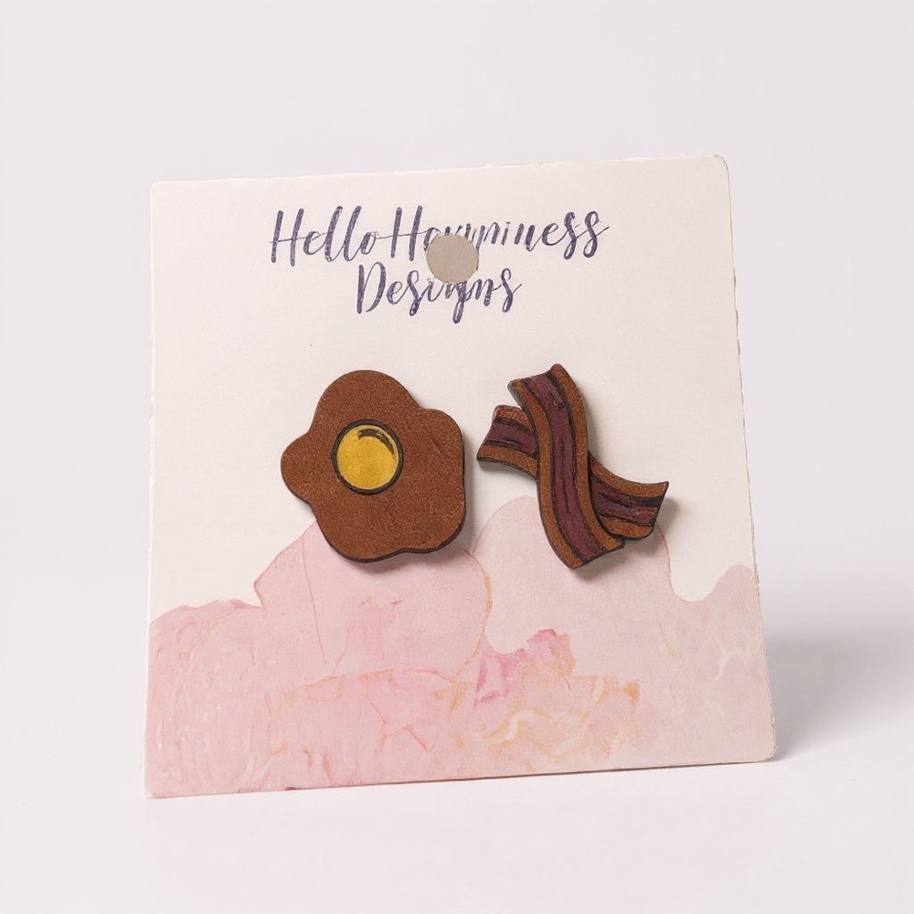 Hello Happiness Designs Bacon & Egg Wood Stud Earrings Mismatched Breakfast Pair